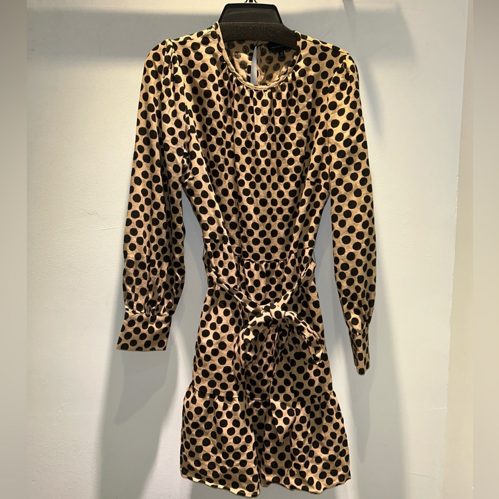 Who What Wear Polka Dot Puff Sleeve Long Sleeve Belted Linen Dress XS Hidden Zip